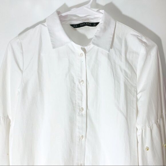 Zara Basic Editions Pearl Balloon Sleeve White Button Down Top Size XS - Picture 4 of 7